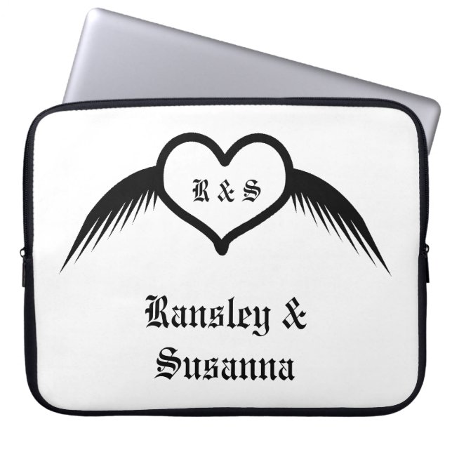 Gothic Wedding Winged Heart Custom Monogrammed Laptop Sleeve (Front)
