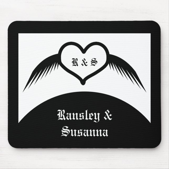 Gothic Wedding Winged Heart Custom Monogrammed Mouse Pad (Front)