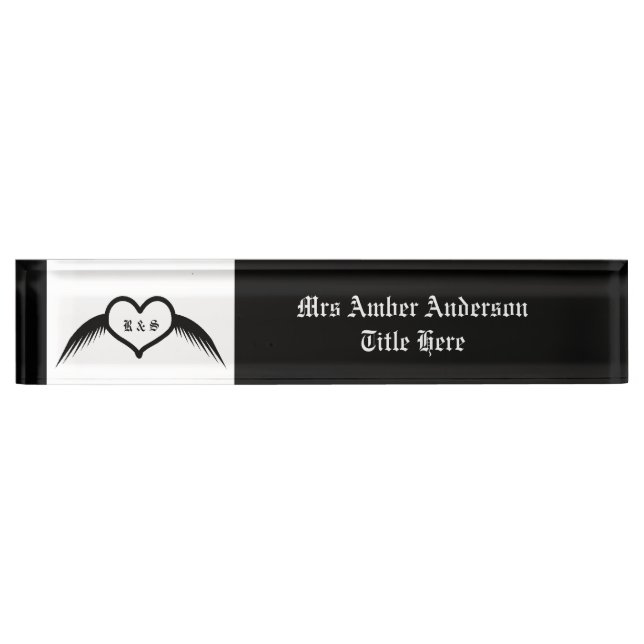 Gothic Wedding Winged Heart Custom Monogrammed Nameplate (Front)