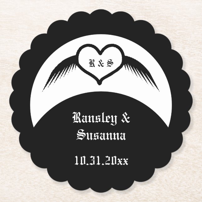 Gothic Wedding Winged Heart Custom Monogrammed Paper Coaster (Front)