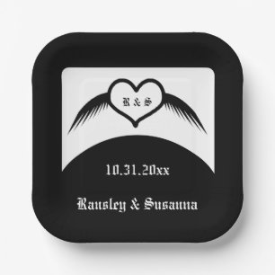 Gothic Wedding Winged Heart Custom Monogrammed Paper Plate