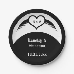 Gothic Wedding Winged Heart Custom Monogrammed Paper Plate