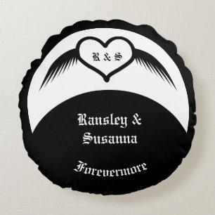 Gothic Wedding Winged Heart Custom Monogrammed Round Pillow
