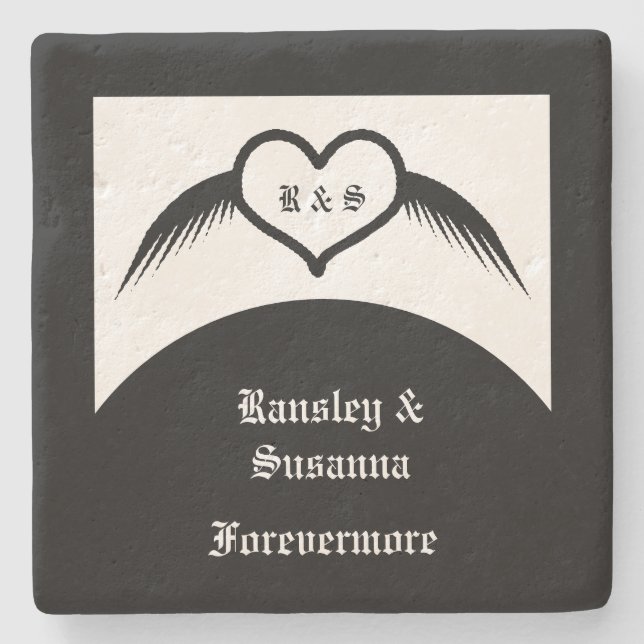 Gothic Wedding Winged Heart Custom Monogrammed Stone Coaster (Front)