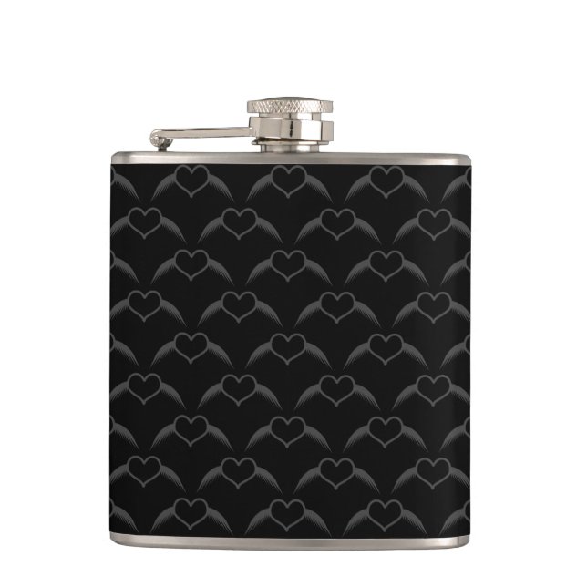Gothic Wedding Winged Heart Patterned Hip Flask (Front)