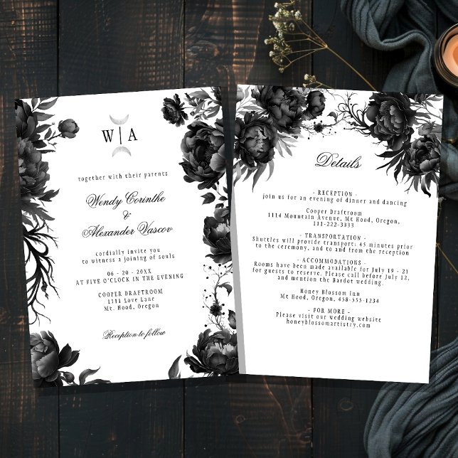 Gothic White Monogram Moon Crest Wedding Details Invitation (Creator Uploaded)
