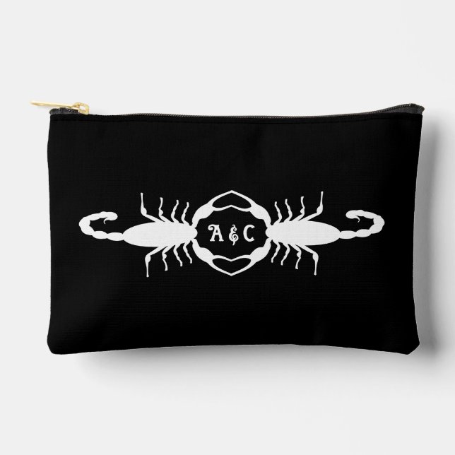 Gothic White Wedding Scorpions Custom Monogrammed Accessory Pouch (Front)