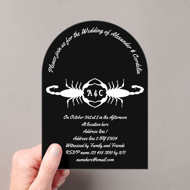 Gothic White Wedding Scorpions Custom Monogrammed Acrylic Invitations (Insitu (Handheld))