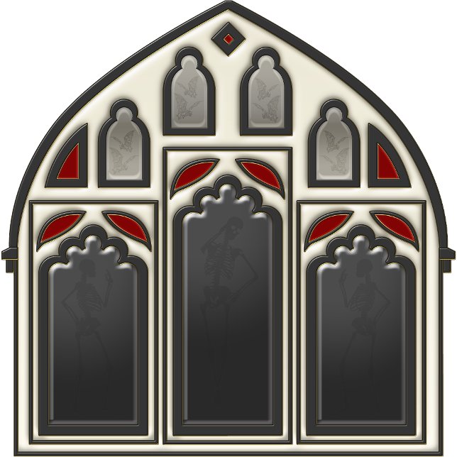Gothic Window w/ Skeletons & Bats on Black (Look in glass panes to see the bats and skeletons.
)