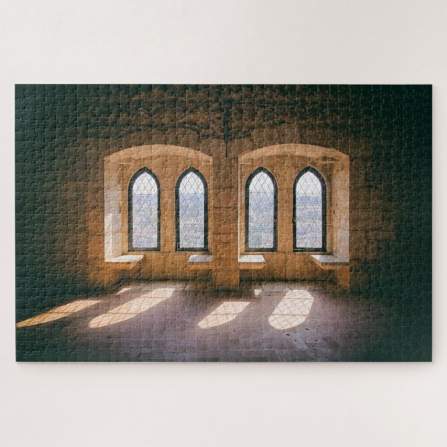 Gothic windows in Leiria Castle Palatial Residence Jigsaw Puzzle (Horizontal)