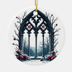 Gothic Winter Window with Roses Ceramic Ornament