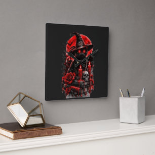Gothic Witch Black Cat Halloween Skull Candle Desi Square Wall Clock