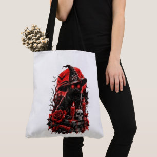 Gothic Witch Black Cat Halloween Skull Candle Desi Tote Bag