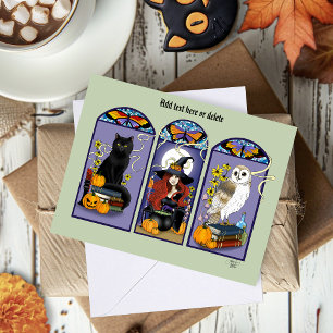 Gothic Witch Black Cat Owl Halloween Art Nouveau Card