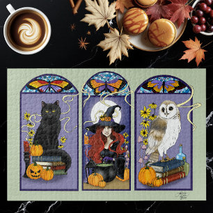 Gothic Witch Black Cat Owl Halloween Art Nouveau Jigsaw Puzzle