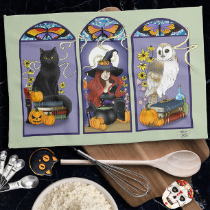 Gothic Witch Black Cat Owl Halloween Art Nouveau  Kitchen Towel