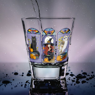 Gothic Witch Black Cat Owl Halloween Art Nouveau Shot Glass