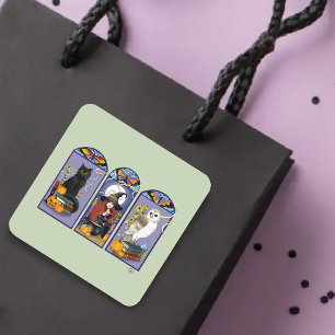 Gothic Witch Black Cat Owl Halloween Art Nouveau  Square Sticker