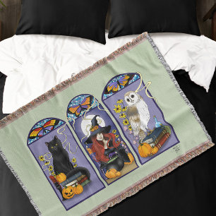 Gothic Witch Black Cat Owl Halloween Art Nouveau  Throw Blanket