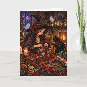 Gothic Witch & Black Cat Wrapping Present Creepmas Holiday Card