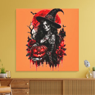Gothic Witch Pumpkin Halloween Black Cat Spooky De Canvas Print