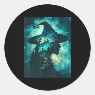 Gothic witch silhouette haunted castle graveyard classic round sticker