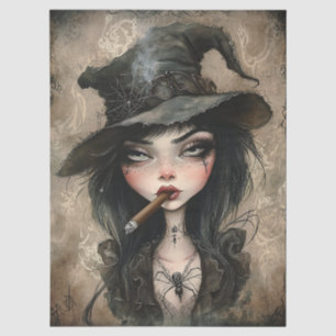 Gothic Witch Smoking Cigar Halloween Decoupage Tissue Paper