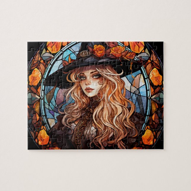 Gothic Witch Stained Glass Halloween Jigsaw puzzle (Horizontal)