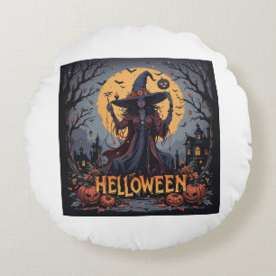 Gothic Witch Under the Full Moon – Dark Halloween Round Pillow