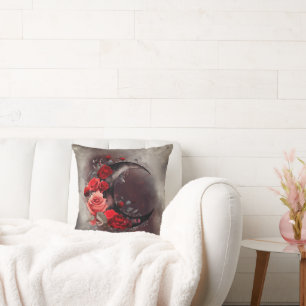 Gothic Witchery   Dark Crescent Moon and Red Roses Throw Pillow