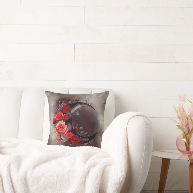 Gothic Witchery | Dark Crescent Moon and Red Roses Throw Pillow (Couch)