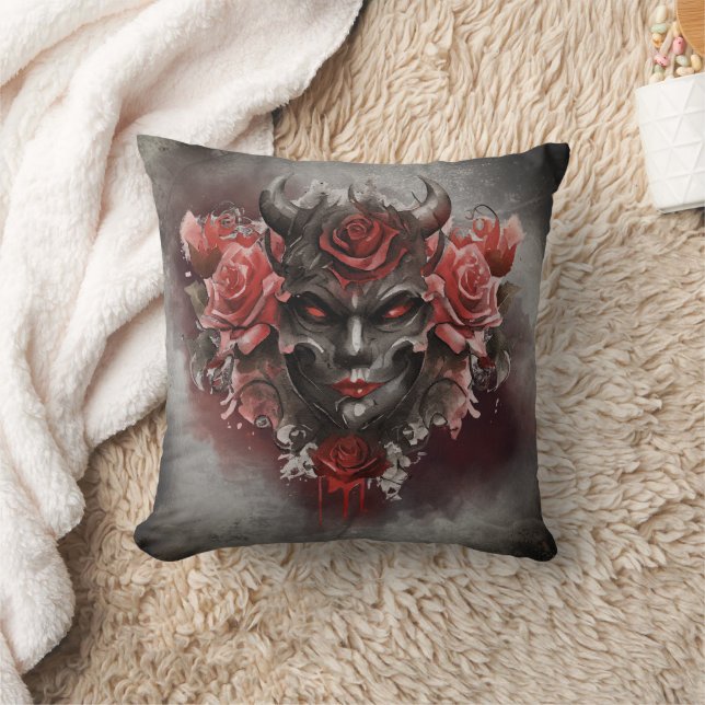 Gothic Wizardry | Dark Horned Demon with Red Eyes Throw Pillow (Blanket)