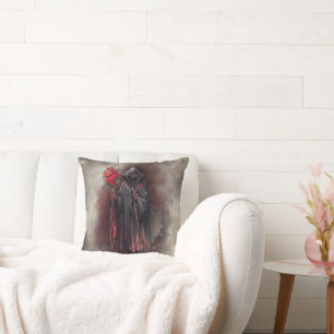 Gothic Wizardry   Dark Shadowy Witch with Red Eyes Throw Pillow