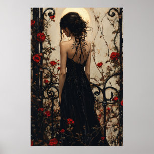 Gothic Woman in Black Dress Among Red Roses Poster