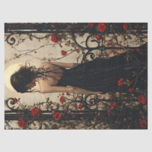 Gothic Woman in Black Dress Among Red Roses Tissue Paper