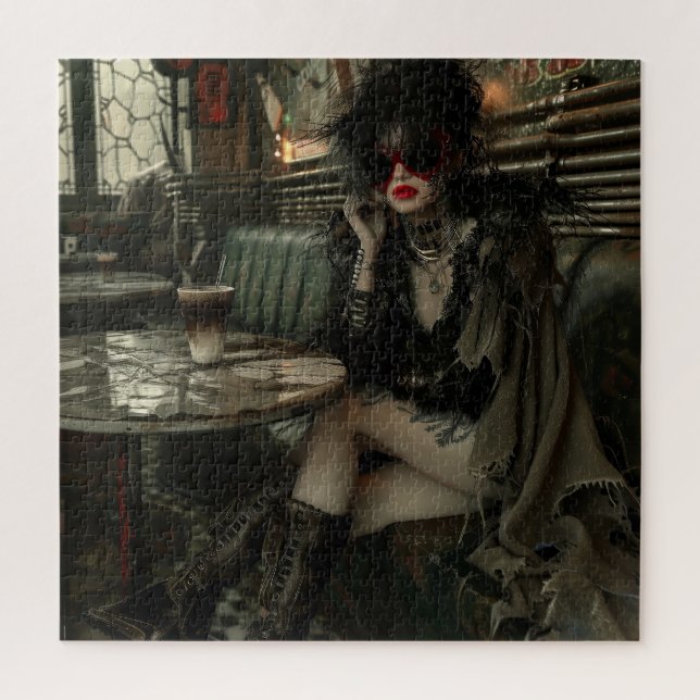 Gothic Woman in Cafe Jigsaw Puzzle (Vertical)