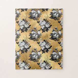 Gothic Yellow Flower Leaves Floral Illustration Jigsaw Puzzle