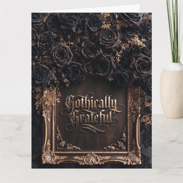 Gothically Grateful Typography with Dark Roses  Thank You Card (Front)