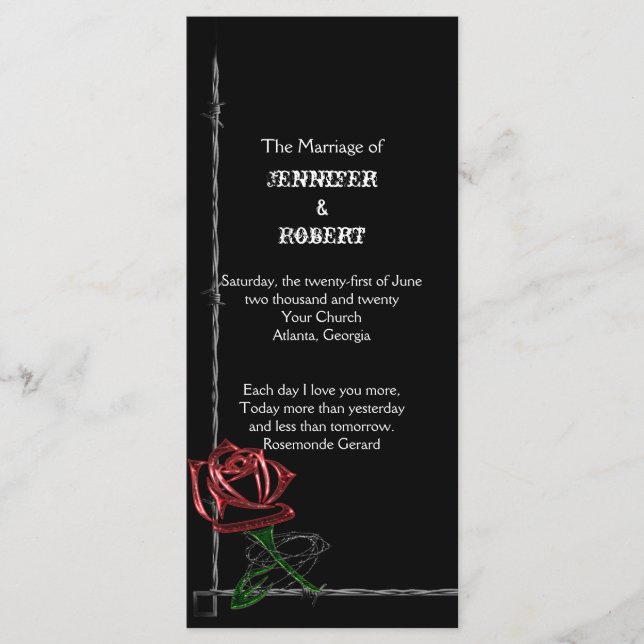 Gothique Barbed Wire et Rose Wedding Programme (Devant)