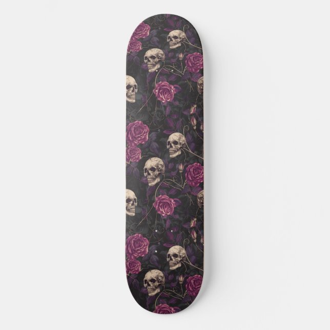 Gothique Black Purple Skuls et Rose Skateboard (Recto)