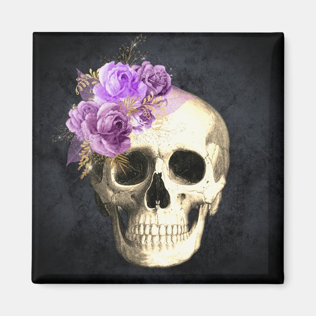 Gothique Floral Crâne Halloween Magnet (Devant)