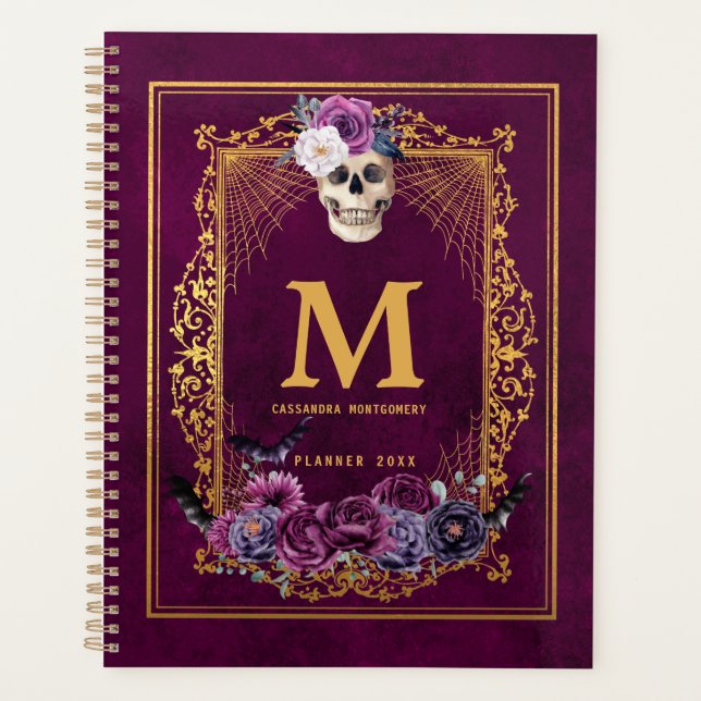 Gothique Floral Crâne Magenta Personnalisé Monogra (Devant)