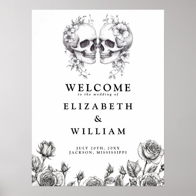 Gothique Floral Skulls Mariage Affiche de bienvenu (Devant)