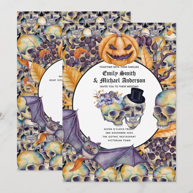 Gothique Halloween Skulls Party Invitation Aquarel (Devant / Derrière)