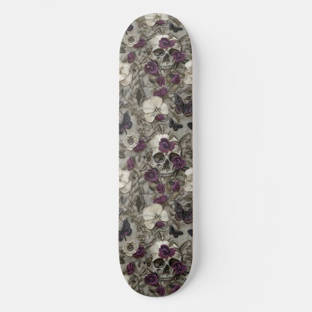 Gothique Noir Violet Rose Crânes Moths Skateboard (Recto)