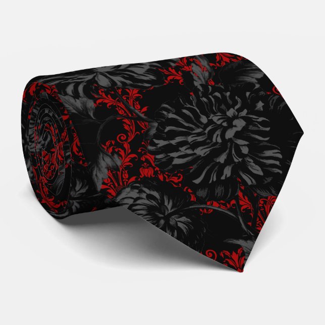 Gothique Rouge Damas noir Floral 2 Mariage Cravate (Roulé)