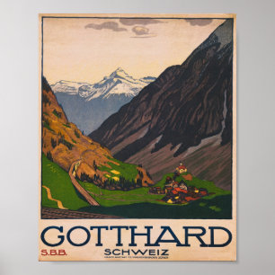 Gotthard Schweiz Vintage Travel  Poster