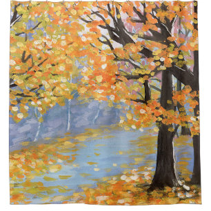 Gouache autumn landscape. Golden fall in an empty 