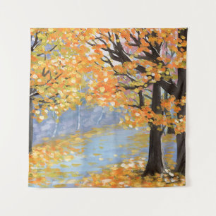 Gouache autumn landscape. Golden fall in an empty Tapestry