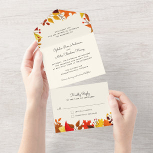 Gouache Autumn Leaves All in One Wedding Invite